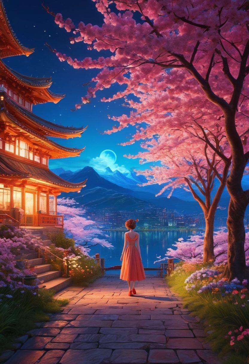 A captivating scene featuring a blend of vibrant and seductive animation styles depicting a whimsical fantasy world filled with alluring characters in various poses, surrounded by colorful landscapes like cherry blossoms and neon cityscapes. Incorporate elements of mystique and playfulness, with intricate details that highlight the allure of the characters, all while maintaining an artistic yet tasteful approach. The overall composition should provoke curiosity and excitement. 3D. vibrant colors. artistic.