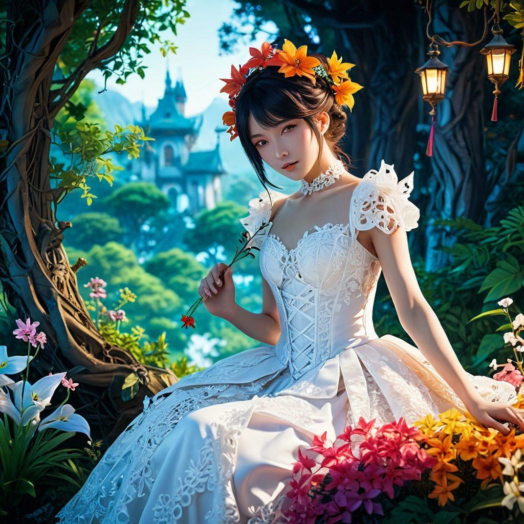 A captivating scene of a fantasy world blending elements of fetishism and seduction, featuring vibrant characters adorned in intricate costumes, set against a lush, dreamlike landscape. The atmosphere is charged with playful tension, showcasing symbols of desire and intimacy, like whips and lace, intertwined with whimsical flora. A soft glow illuminates the characters' expressions, inviting curiosity and exploration. anime style. vivid colors. high contrast.